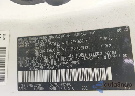 2020 Toyota Highlander Xle из США, поврежденный, VIN 5TDGZRBH1LS049186